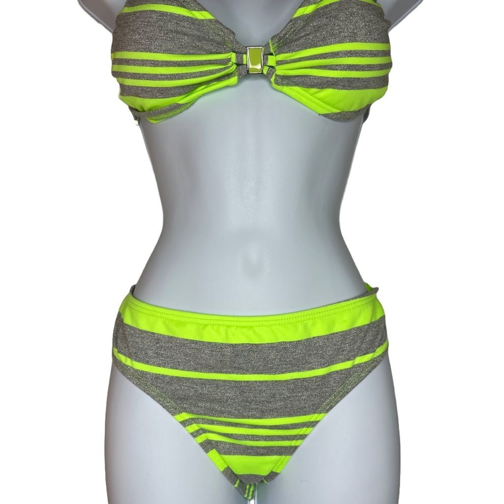 Bikini Lab Neon Green and Shimer Gray Striped Bikini size M/L